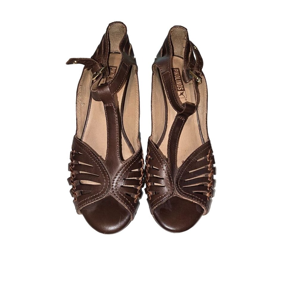 Pikolinos Women's Brown Leather T-Strap‎ Sandals Heels Size 38 US 7.5/8